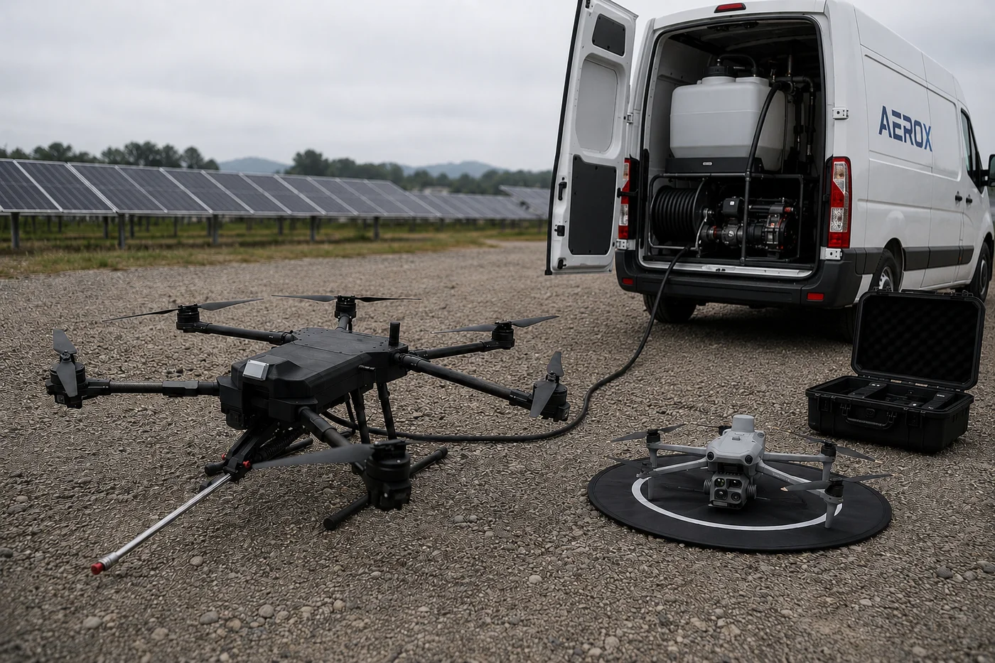 태양광 발전소 앞 작업 차량과 급수 호스로 연결된 청소 드론, 이착륙 패드 위의 DJI Matrice 4T 점검 드론이 준비된 현장